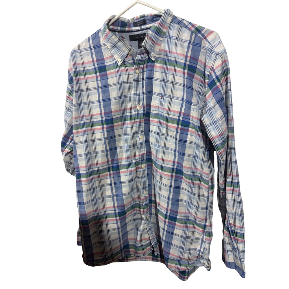 Tommy Hilfiger Mens XL Custom Fit Plaid Button Down Shirt Blue Green Pink Cotton